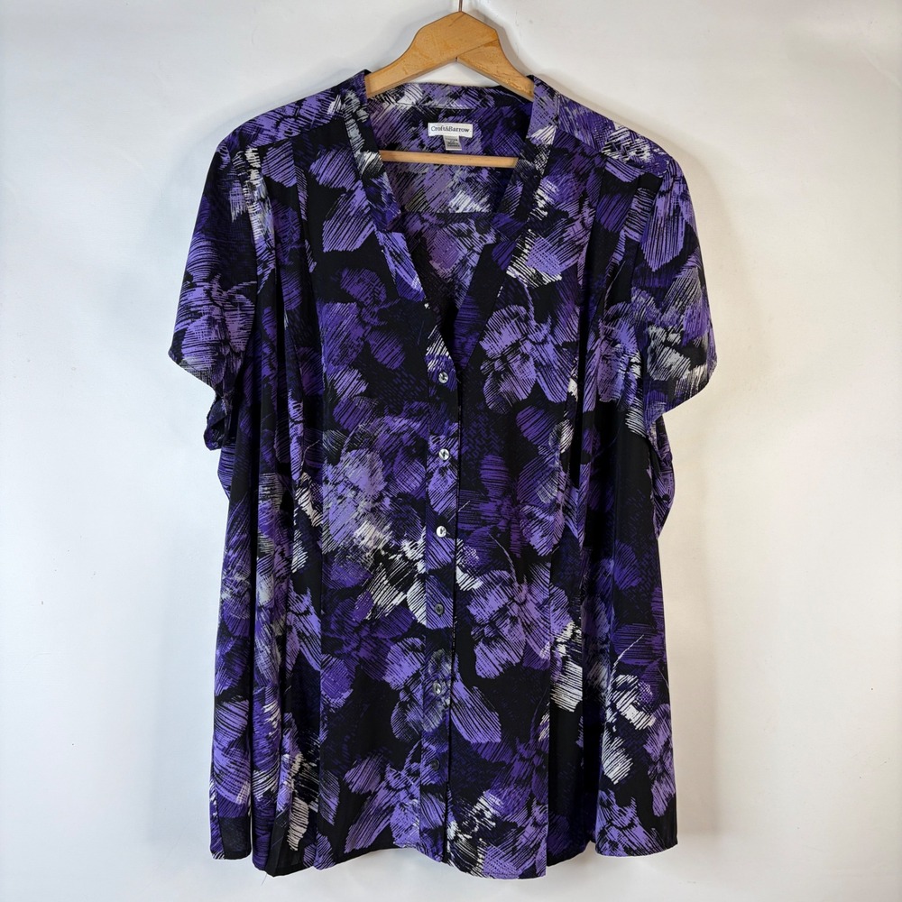 Croft & Barrow Blouse Women 3X Purple Floral Abstract Short Sleeve Button Up